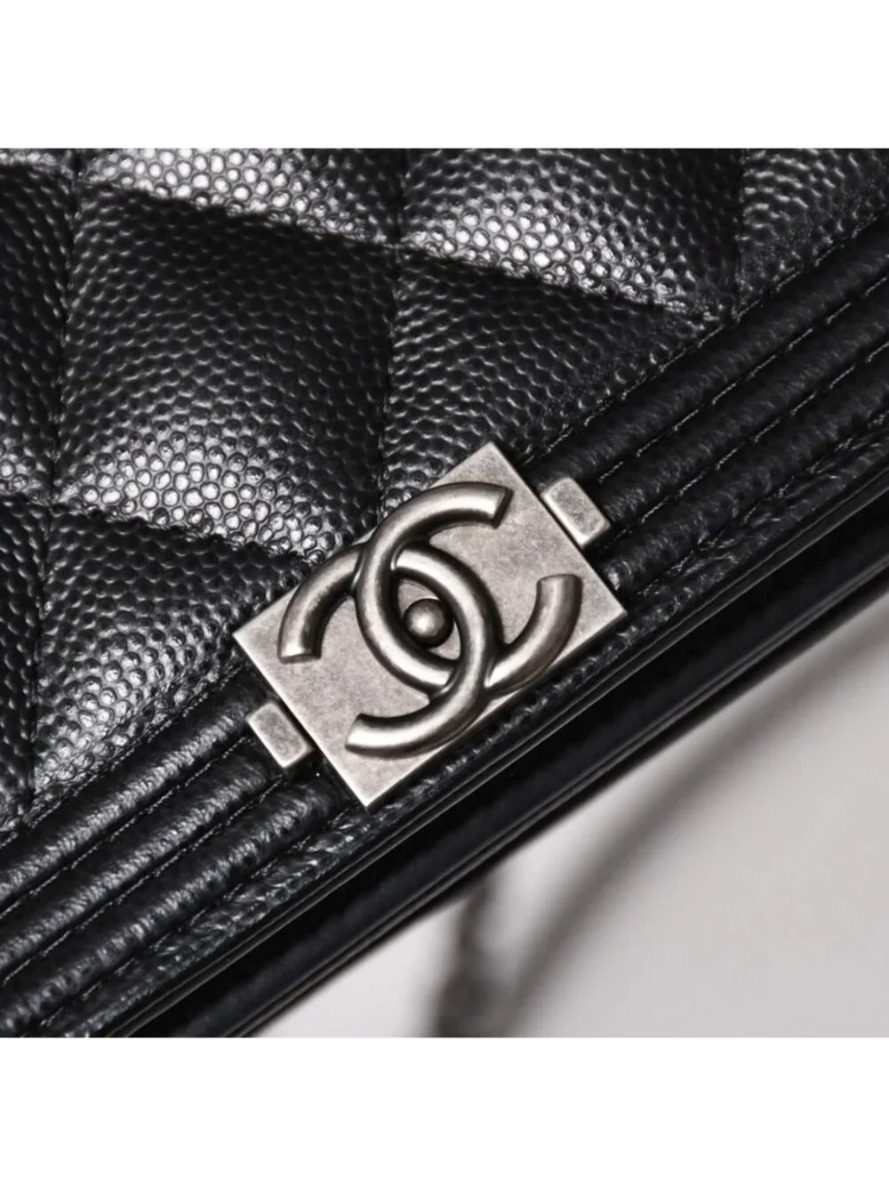 Chanel Boy Chain Shoulder Bag Caviar Leather CC Logo Black Silver